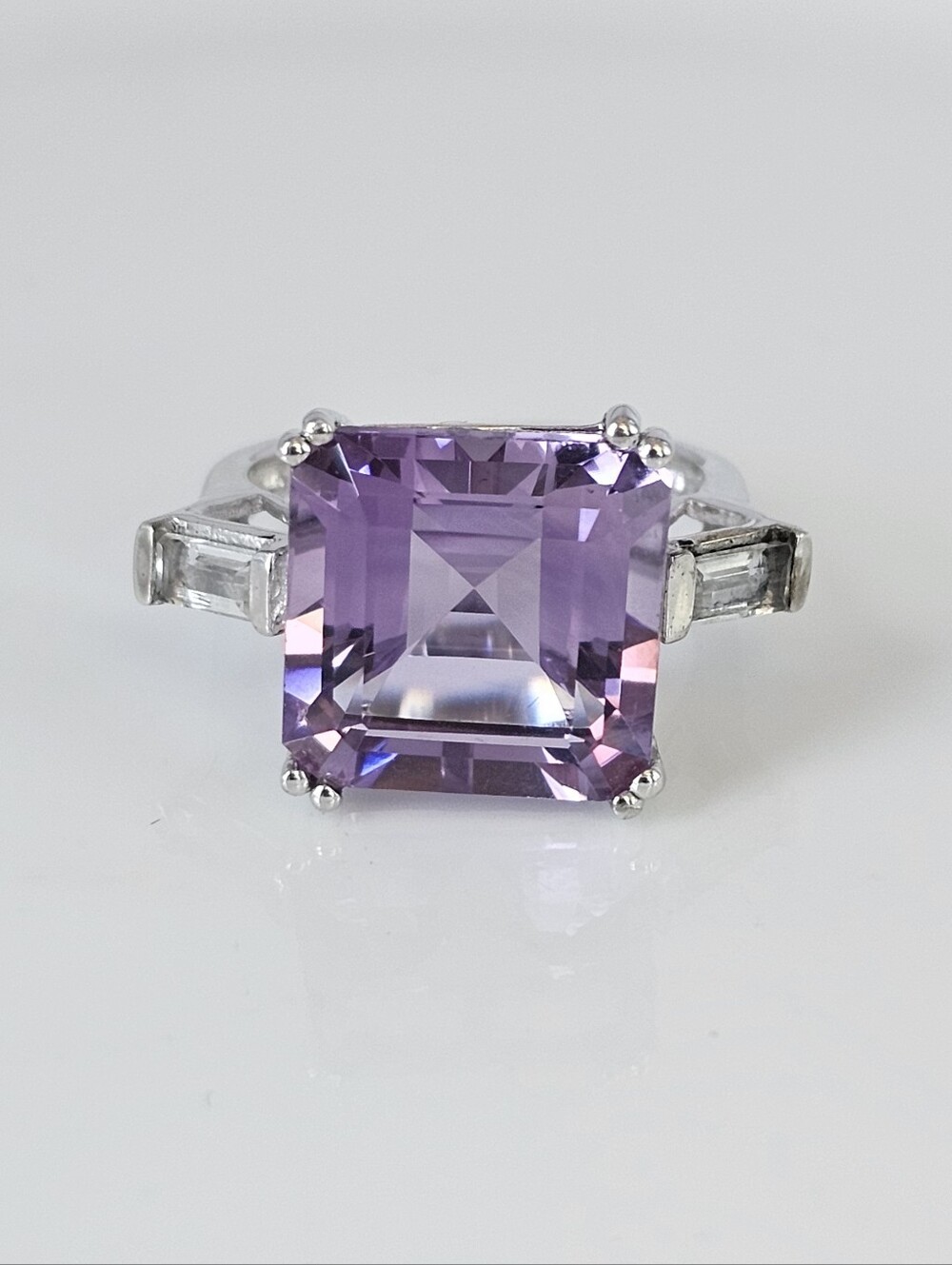 Genuine Pink Amethyst & White Topaz Ring Sterling Silver Rhodium Overlay. Sz 7!